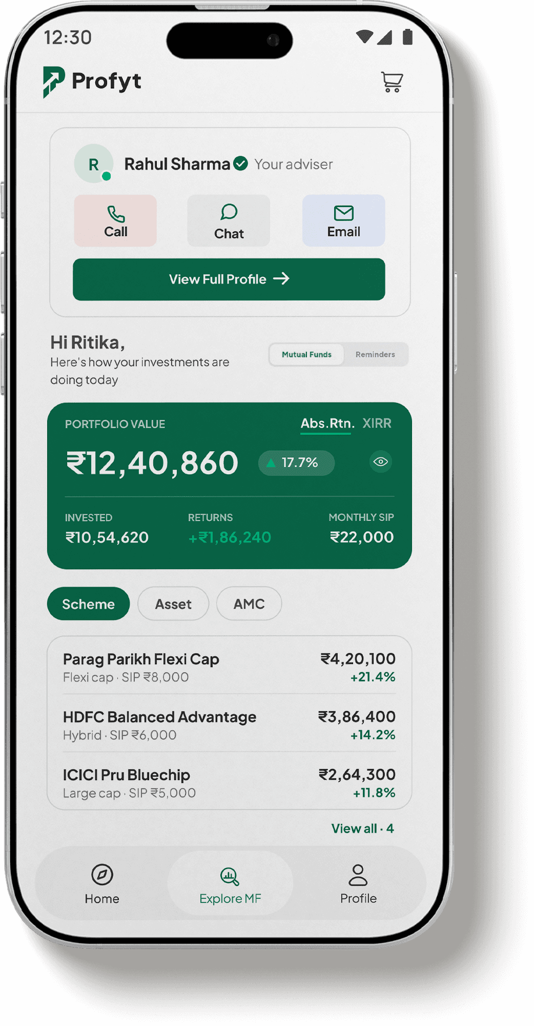 Profyt investor app on a phone